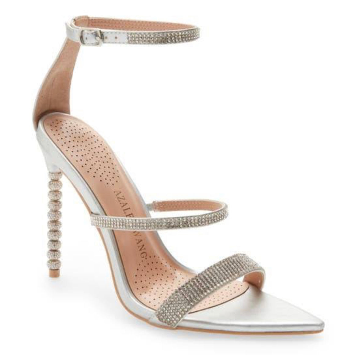 Galaxy Silver Strappy Rhinestone Shoe w Rhinestone Ball Heel
