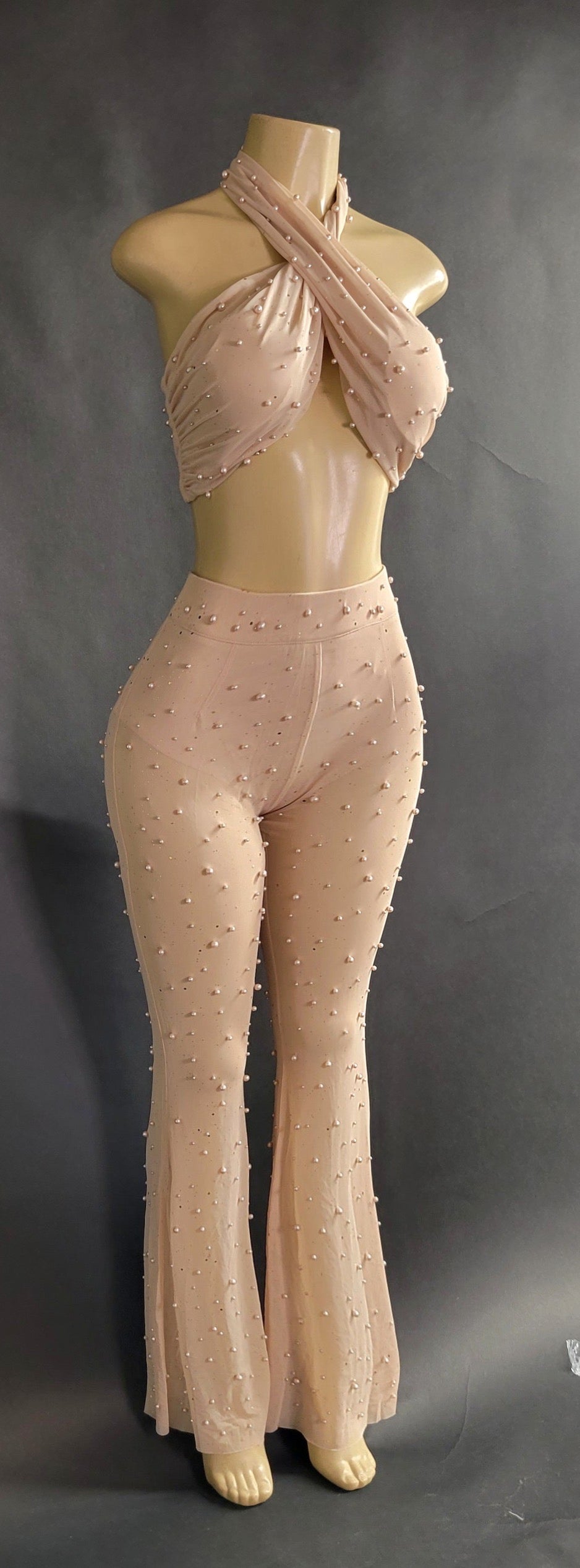 Nude Mesh Cross Halter & Pant w/ Pearls