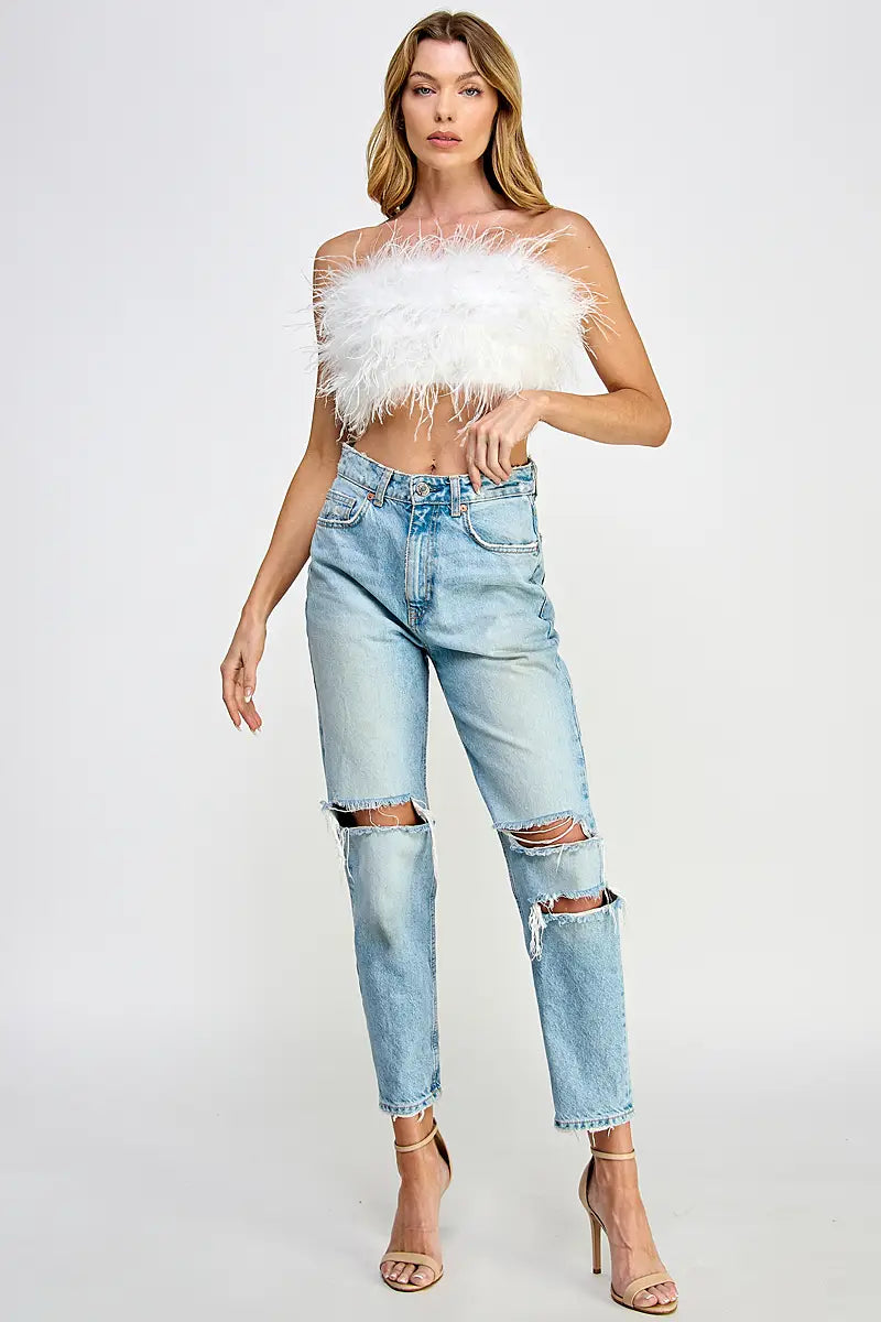 Strapless Feathered Tube Top