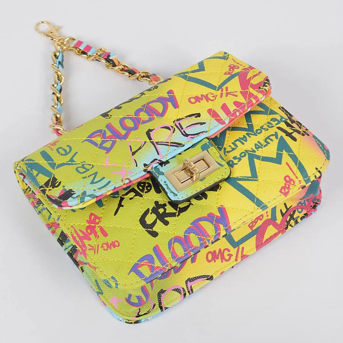 Graffiti Quilted Bag W/ Chain Belt