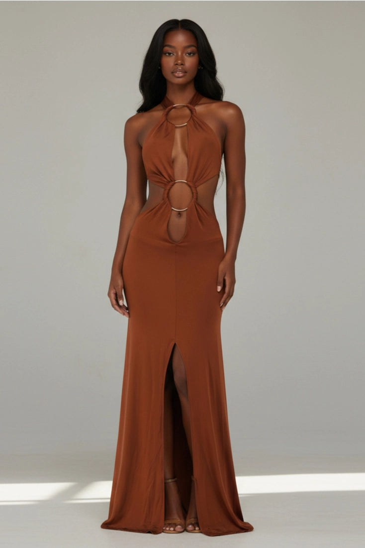 Elegant Ring Front Backless Halter Maxi Dress Bottle Girl