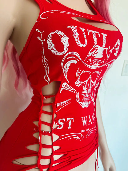 Outlaw Skull Graphic Biker Cowgirl Slashed Tank Top