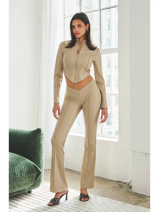 Pleather V-Cut Zip Up Top & V-Cut Waist Pants Set