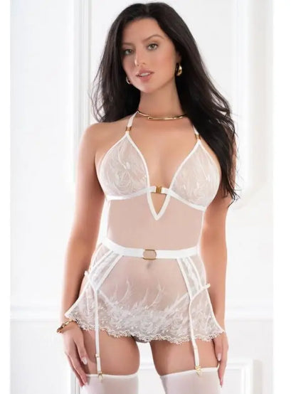 4pc Apron Style Babydoll, Garters, Open Back Panty & Stockings