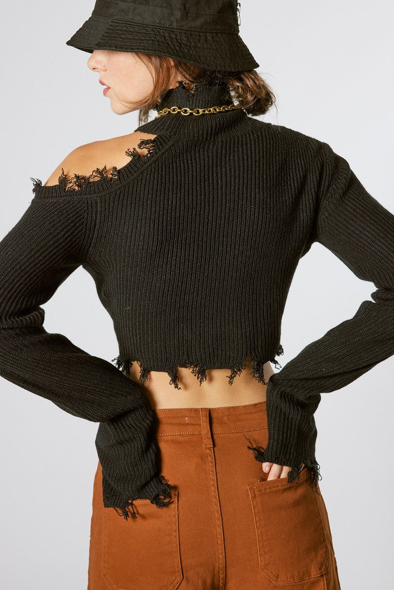 Distressed Cold Shoulder Long Sleeve Sweater