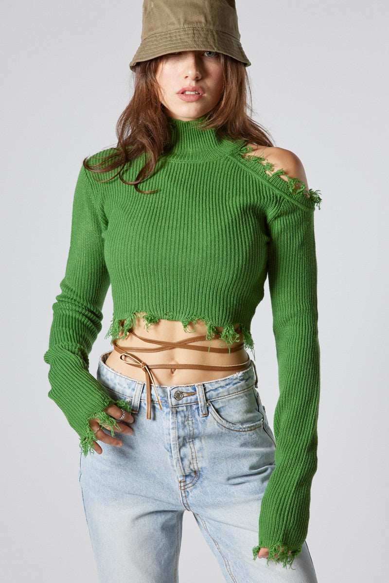 Distressed Cold Shoulder Long Sleeve Sweater