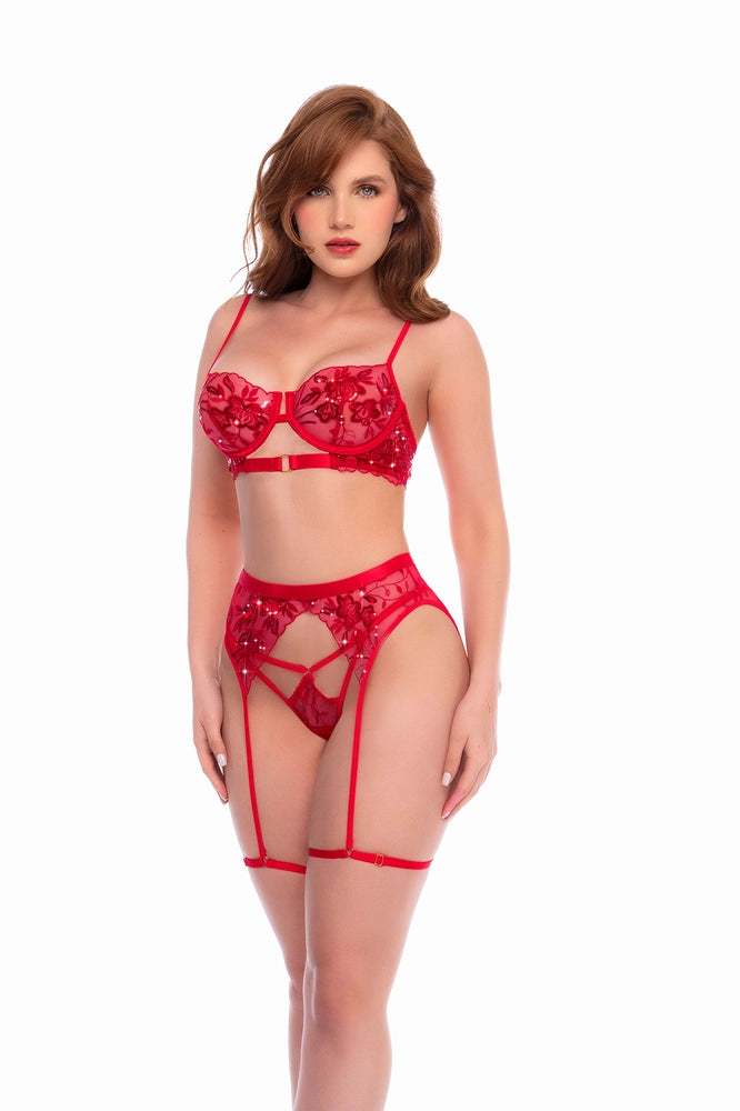 Three-piece set featuring a sequin embroidered bra, matching thong, and garter