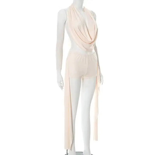 Cowl Neck Halter & Short Long Ruffle Short Set