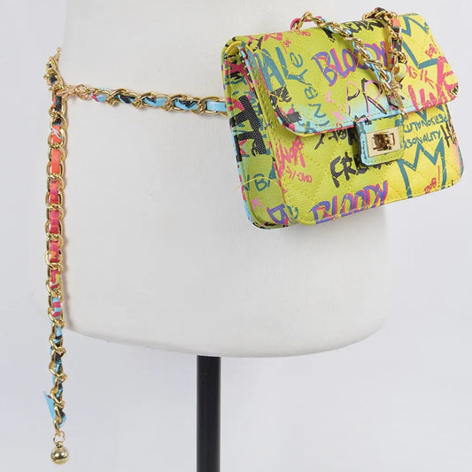 Graffiti Quilted Bag W/ Chain Belt