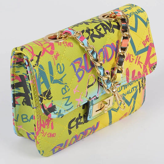 Graffiti Quilted Bag W/ Chain Belt