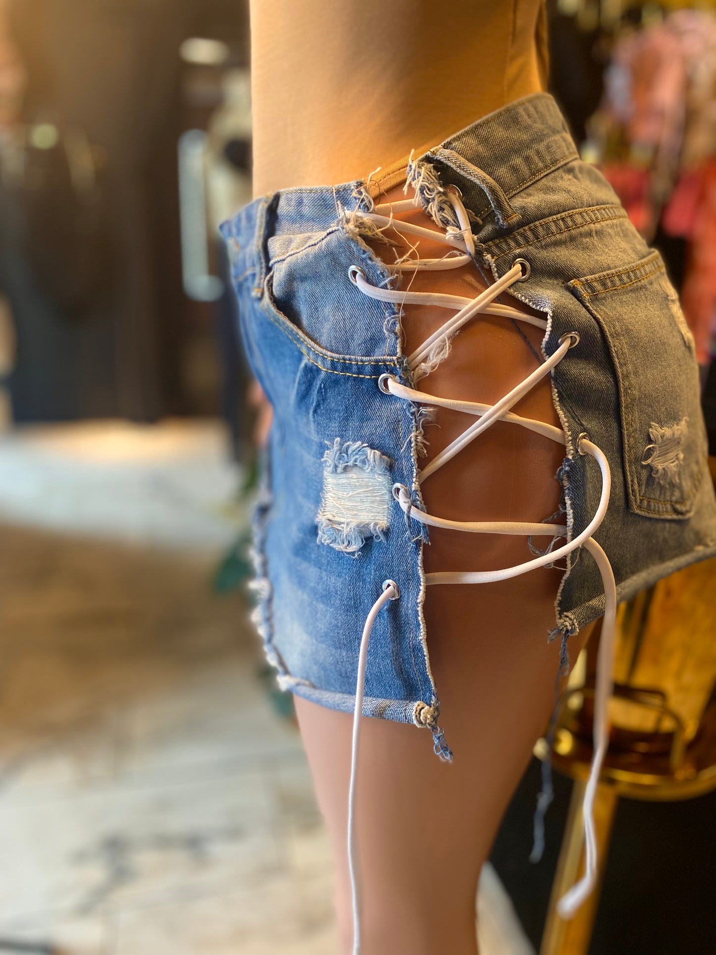Lik 5 Denim Pocket Lace Up Skirt