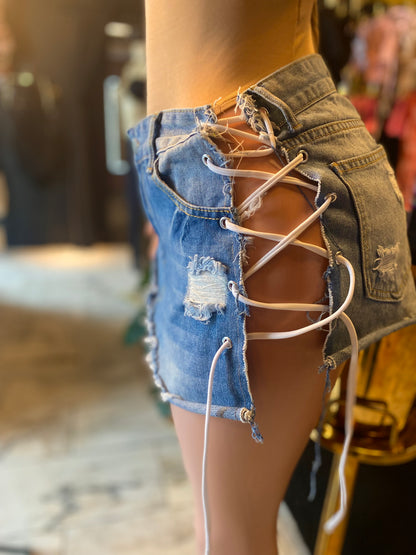 Lik 5 Denim Pocket Lace Up Skirt
