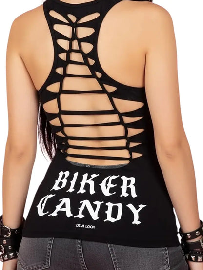 Biker Candy Graphic Back Racerback Sexy Slashed Biker Festival Tank