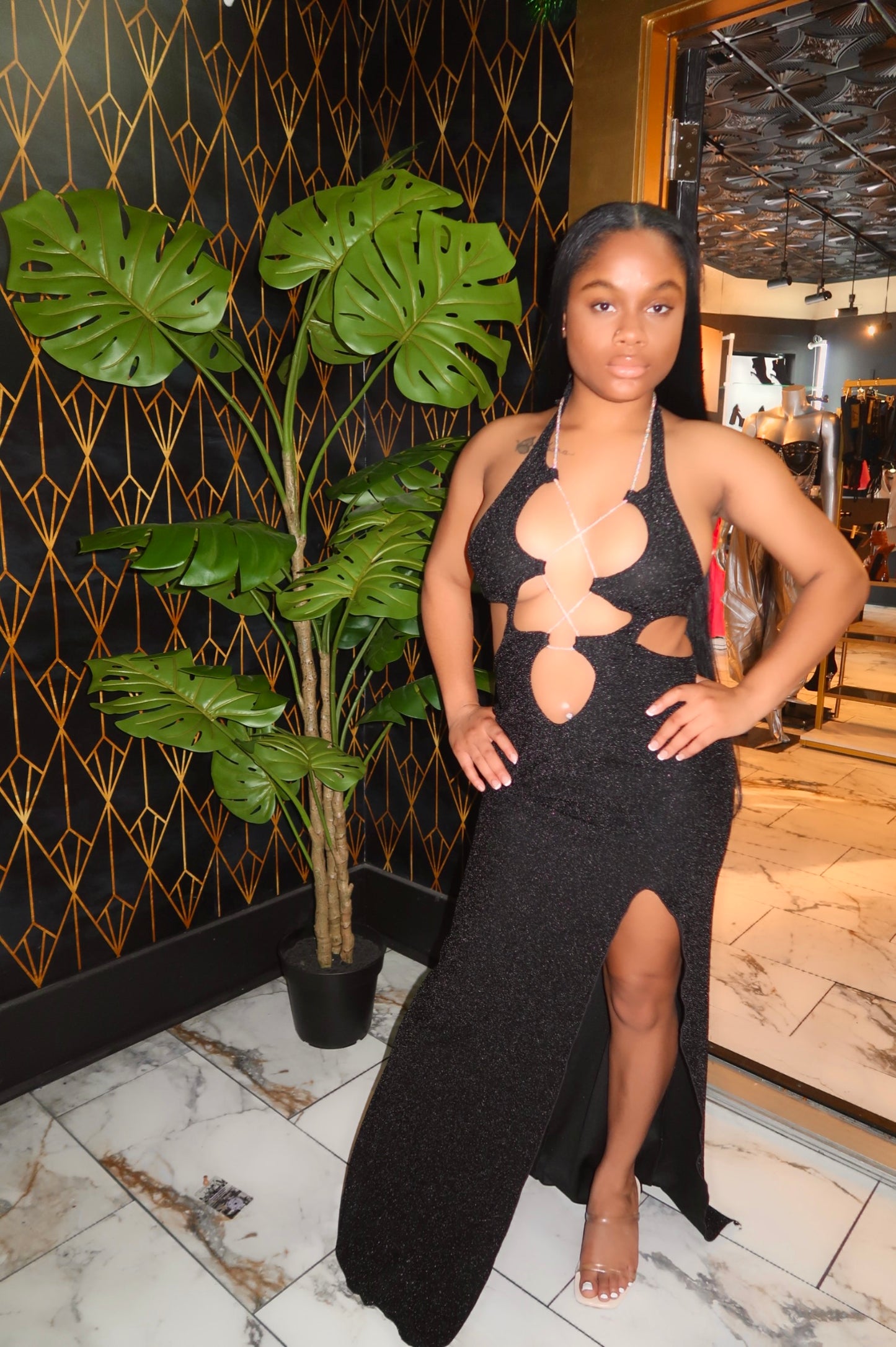 Rhinestone lace up gown