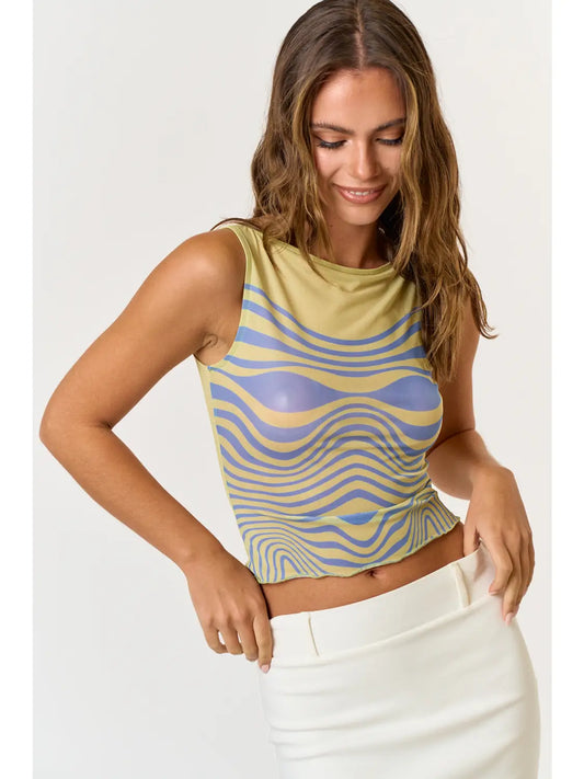 Printed Mesh Boat Neck Sleeveless Crop Top