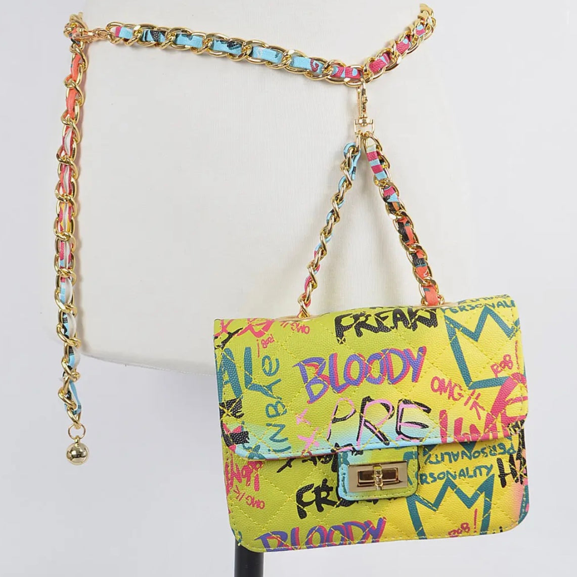 Graffiti Quilted Bag W/ Chain Belt