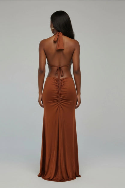 Elegant Ring Front Backless Halter Maxi Dress Bottle Girl