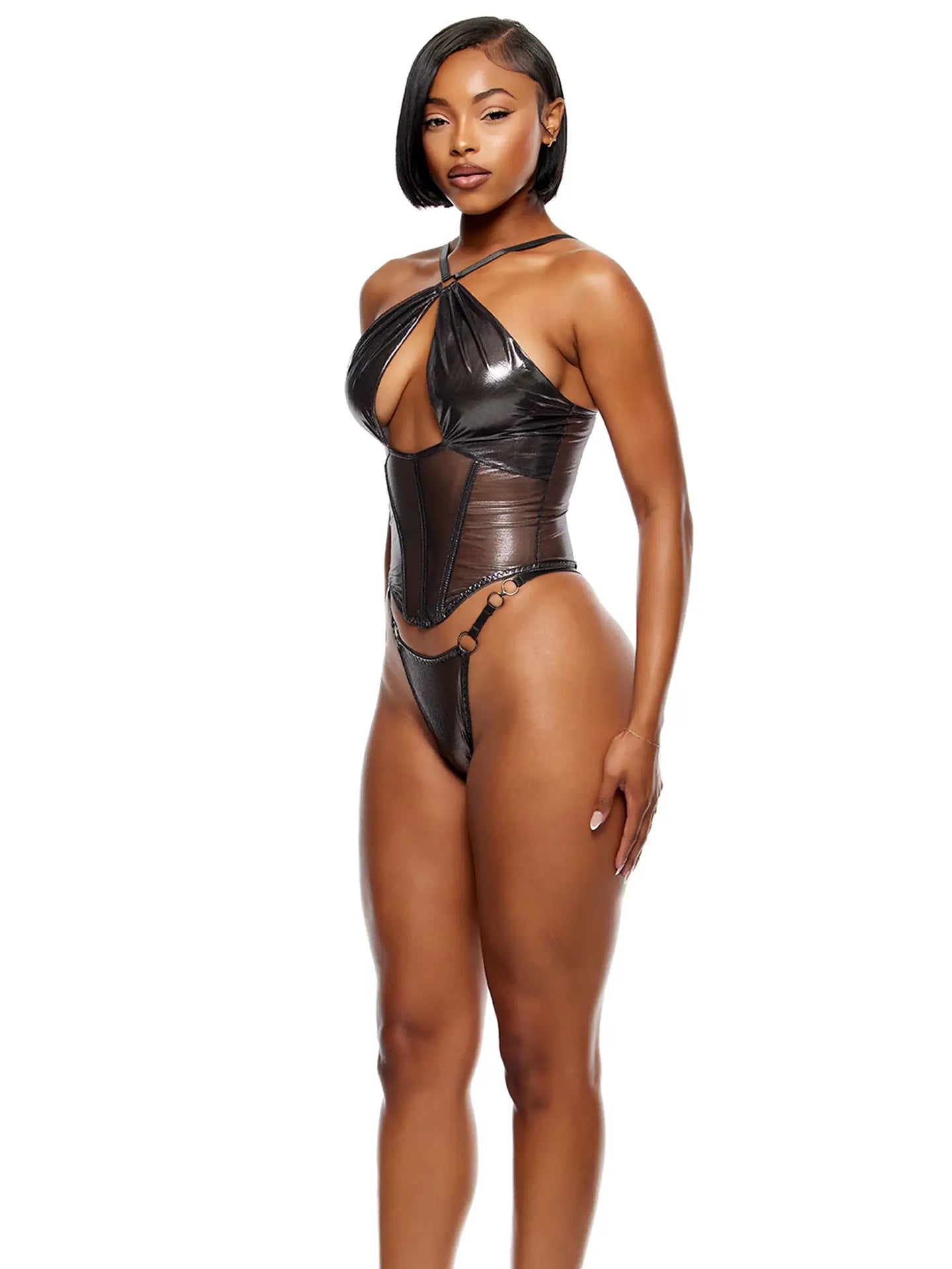 Liquid Metal Metallic Mesh Bustier Lingerie Set - Gunmetal