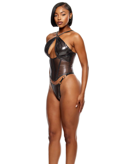 Liquid Metal Metallic Mesh Bustier Lingerie Set - Gunmetal