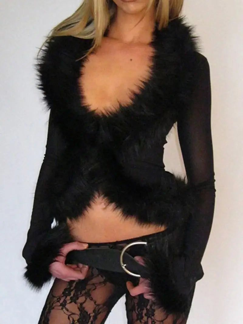 Faux Fur Trim Sheer Long Sleeve Blouse