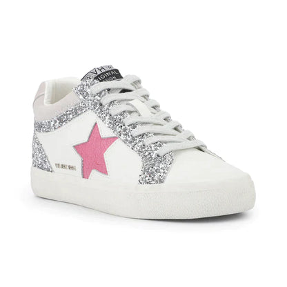 White and Silver Glitter Pink Star Tennis Shoe