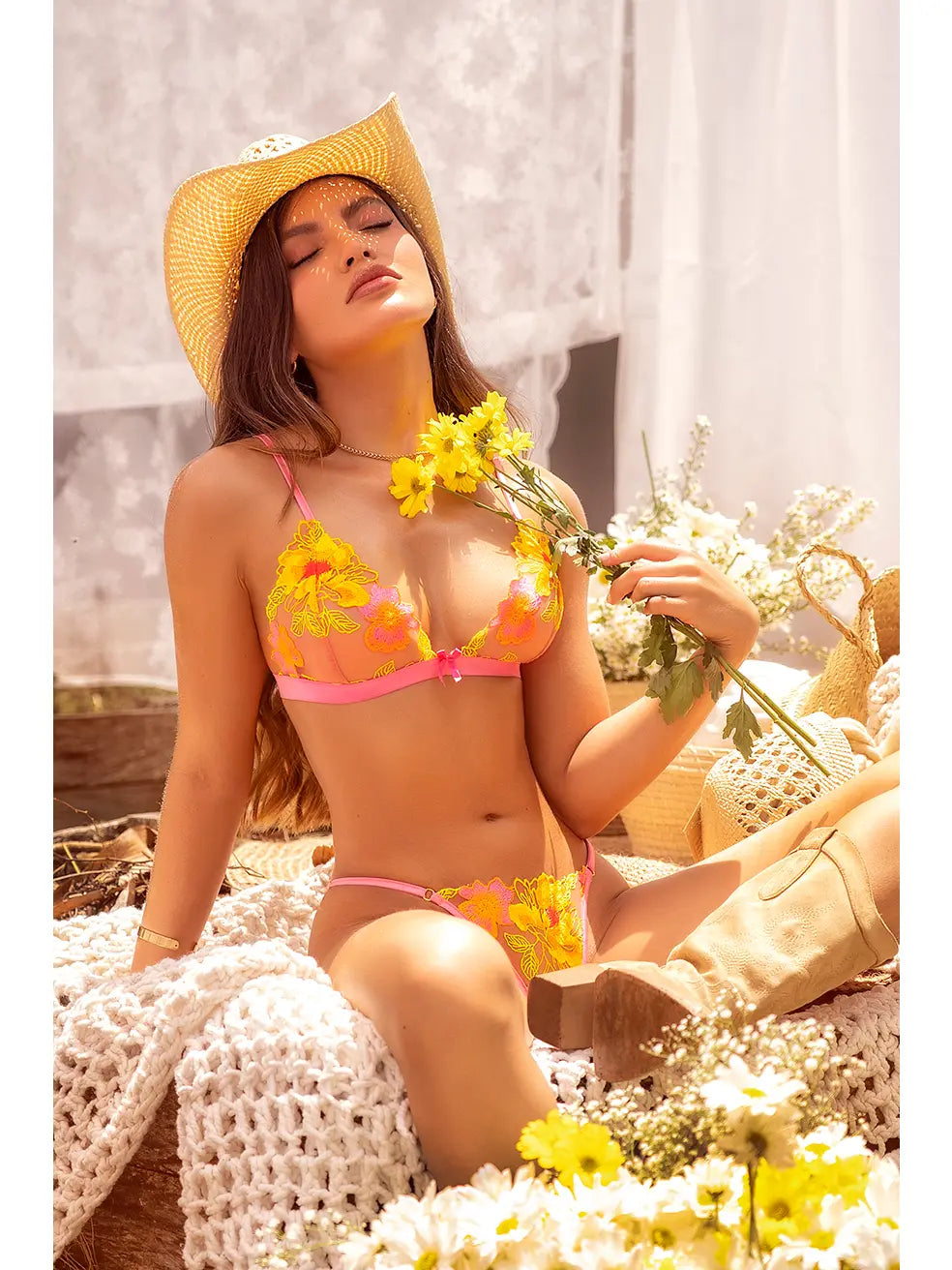 Solar Blossom Floral Embroidered Bralette & Thong Set
