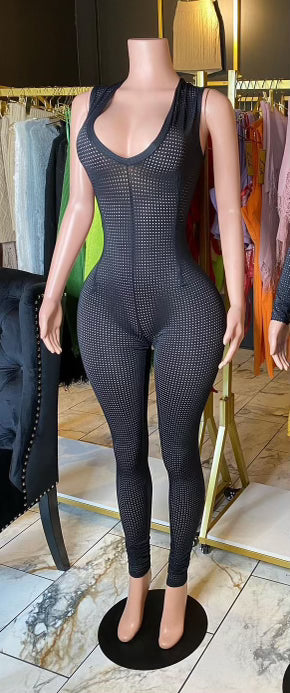 Sleeveless Deep V pin hole mesh bodysuit