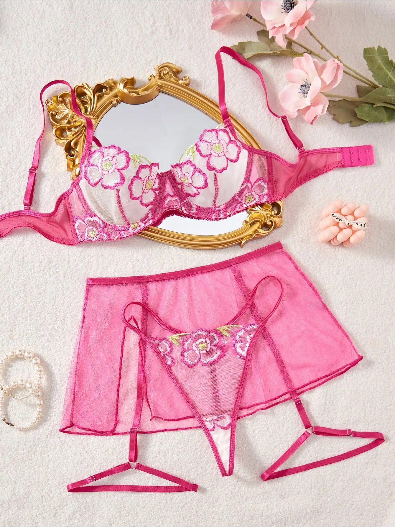 Floral Embroidery 3PCS Lingerie Set