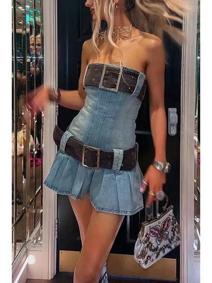 Denim belted mini dress