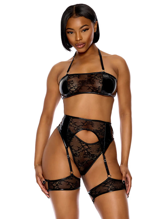 Perfect Pair Vinyl and Lace Bra and Garter Belt Lingerie