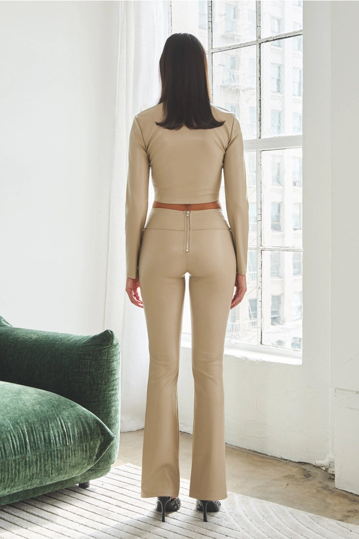 Pleather V-Cut Zip Up Top & V-Cut Waist Pants Set