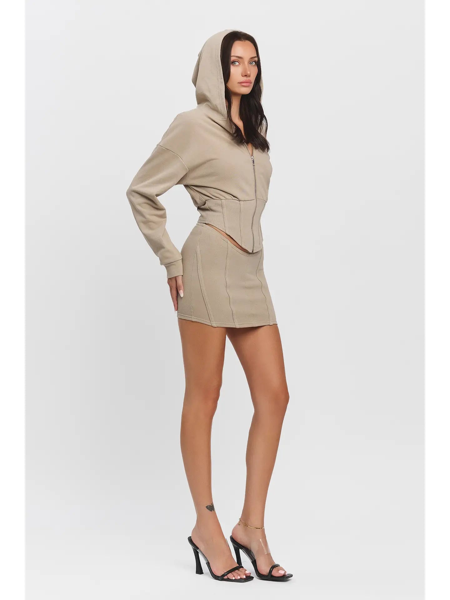 French Terry and Rib Cont Hoodie & Mini Skirt Set