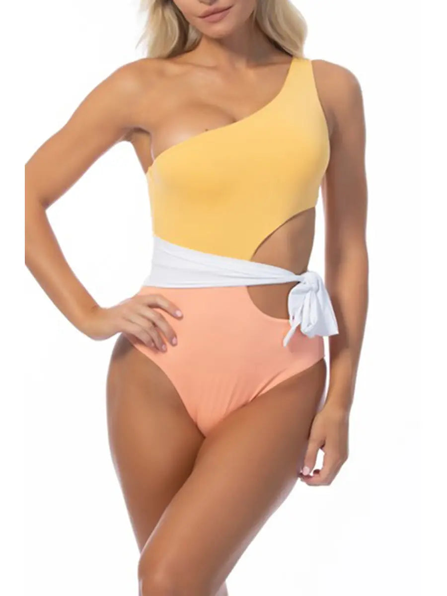 Color Blocking One Shoulder One Piece Swimsuit