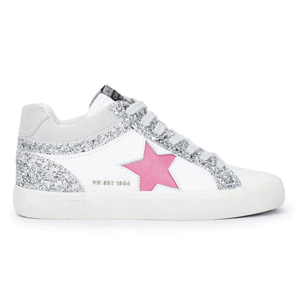 White and Silver Glitter Pink Star Tennis Shoe