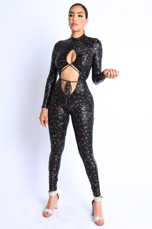 Long Sleeve Cut Out Strapping Detailed Jumpsuit Foil Crocodile