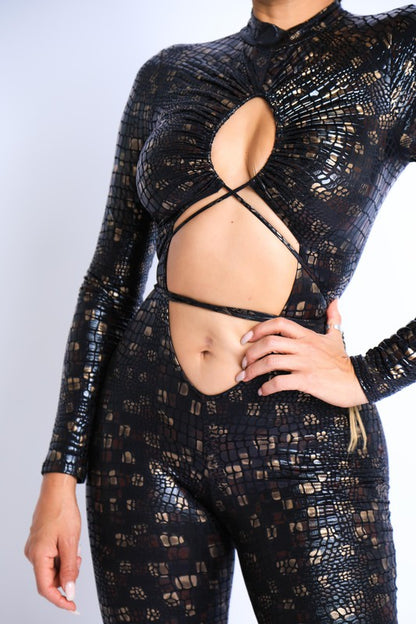 Long Sleeve Cut Out Strapping Detailed Jumpsuit Foil Crocodile