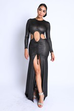 Glitter Shirring Detailed Slit Cut Out Maxi Dress