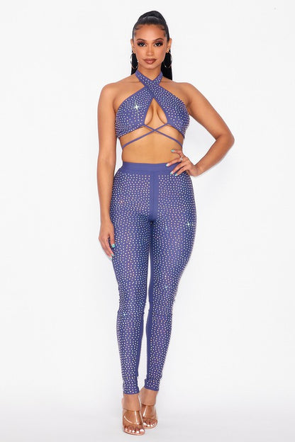 Crossover Front Tie-Back Top, Matching Pants W/ Rhinestones