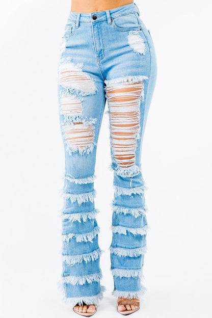 Frayed Out Light Stone Flare Leg Jean