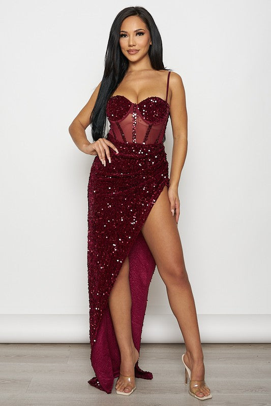 Velvet with Sequin Strappy Dress with Sheer Inset