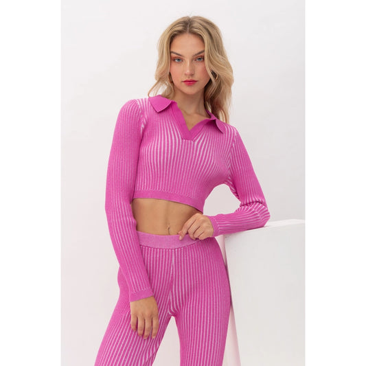 Two Tone Ribbed Collar Crop Top and Slit Bottom Pant Set