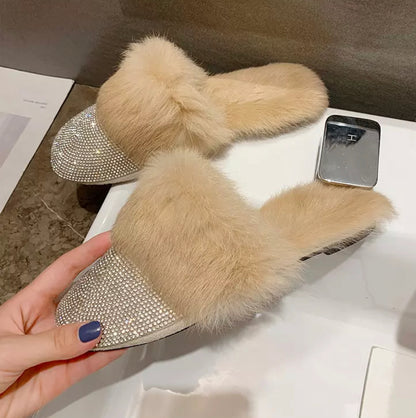 Fur lined rhinestone slippers