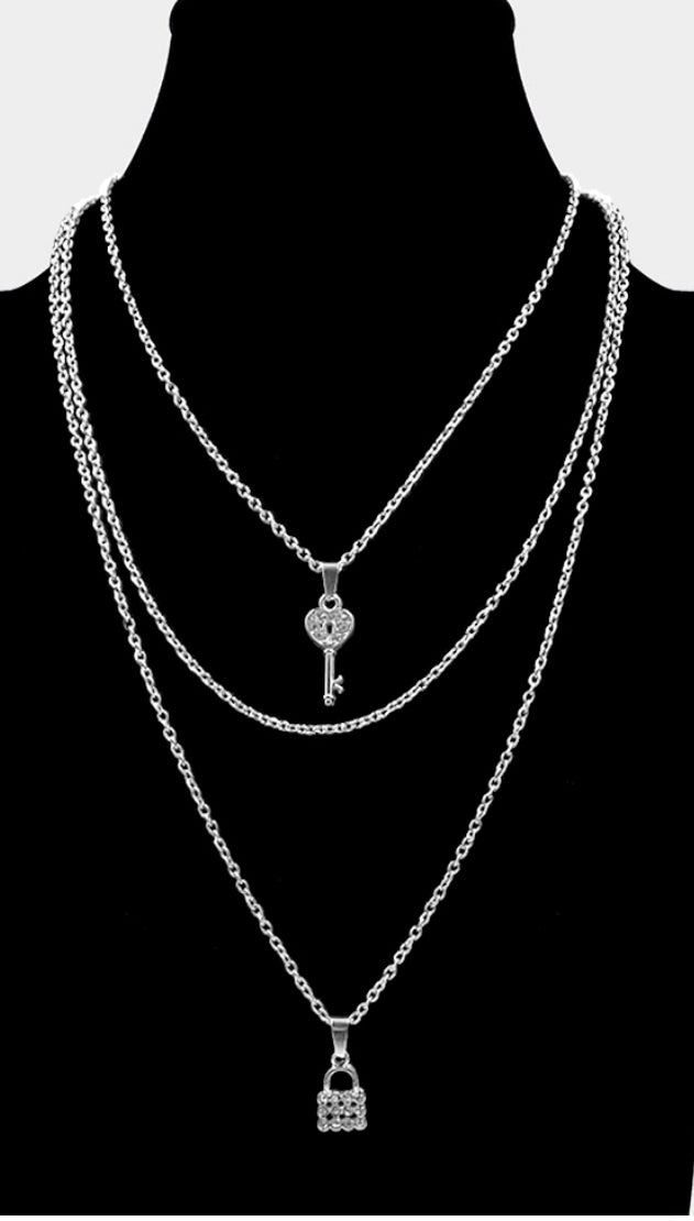 Key Lock Pendant Triple Layered Necklace