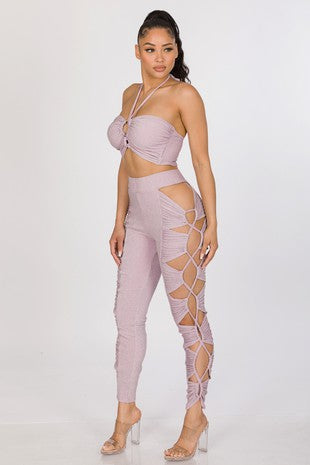 Strappy Glitter Pant Set with Ruching